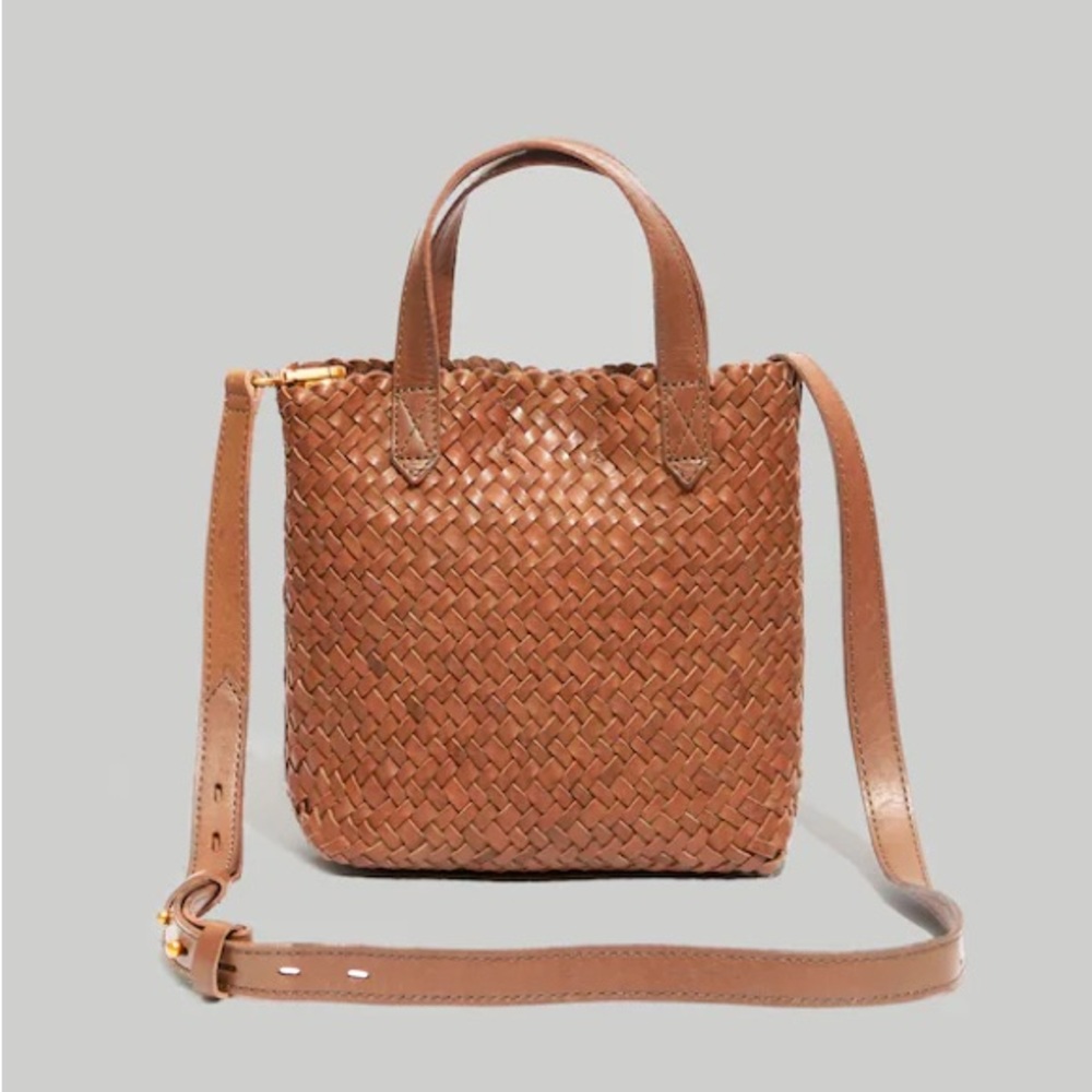 Madewell Woven Leather Crossbody Tote in Cognac Brown